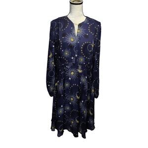 Whistles Women's Sz 10 Navy Gold Celestial Print Stars Moons Dress Long Sleeve